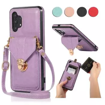 Кожаный чехол через плечо для женщин с плечевым ремнем, металлические кнопки, слоты для карт, чехол для iPhone Samsung Galaxy S21 S20 S10 A71 A51 A42 A52 A72 A32 A31 iPhone 13 Pro чёрный