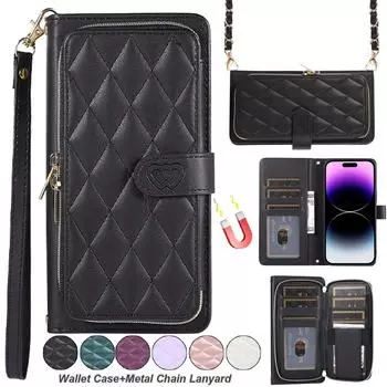 Кожаный чехол через плечо на молнии с цепочкой и ремешком на 9 карт для iPhone 15 14 13 12 Pro Max XS Max 7P 8P/Samsung S23 S22 S21 Ultra Plus A14 A54 A13 A53 iPhone 6/6S белый