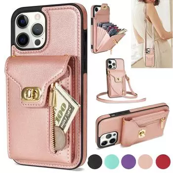 Кожаный чехол через плечо с боковой молнией для iPhone 15 14 Plus 13 12 11 Pro Max для Samsung S23 S22 S21 Ultra S20 Plus S23 S21 S20 FE A14 A54 A13 A53 iPhone 7/8/SE 2020 чёрный