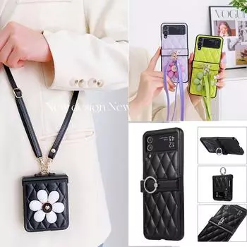 Кожаный чехол через плечо с цветочной клеткой и длинной цепочкой для Samsung Galaxy Z Flip 4 5, чехол для Galaxy Z Flip 3, чехол 5G Flip samsung Z flip 5 чёрный