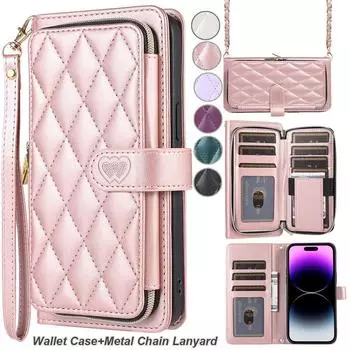 Кожаный чехол через плечо с металлической цепочкой на молнии для iPhone 15 14 13 12 Pro Max Xs Max Xr 8/Samsung S24 S23 S22 S21 Ultra Plus A14 A13 A54 A53 A52 iPhone 6/6S белый