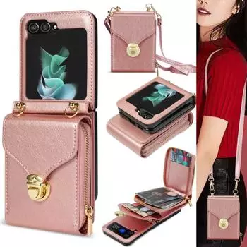 Кожаный чехол через плечо с ремешком для Samsung Galaxy Z Flip 5 4 3 5G Flip4 Flip5, сумка-кошелек на молнии, чехол для карт, сольный карманный чехол for Galaxy Z Flip 5 чёрный