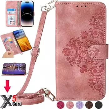 Кожаный чехол через плечо с тиснением для карт и слотами для карт для iPhone 15 14 Plus 13 12 11 Pro Max XSMax XR Samsung S24 S23 S22 S21 Ultra Plus A14 A54 A13 A53 iPhone 6/6S чёрный