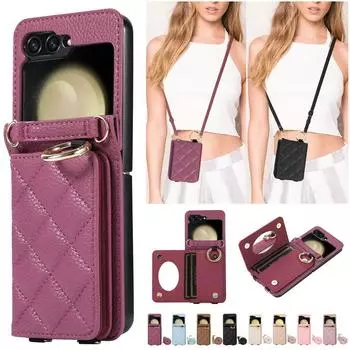 Кожаный чехол-держатель через плечо для телефона Samsung Galzxy Z Flip 5 4 3, чехол-кошелек с кольцом, чехол для карт Flip5 Flip4 Flip3, сумка-кошелек на ремешке Samsung Z Flip 3 чёрный