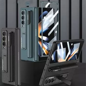 Кожаный чехол-держатель S Pen для Samsung Galaxy Z Fold 4, чехол-кронштейн, жесткий полный защитный чехол с передней пленкой (Нет ручки ) For Z Fold4(No Pen)