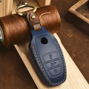Кожаный чехол для автомобильного ключа для Volkswagen VW Touareg 2021 3 кнопки Smart New Key Protect Accessories Shell синий