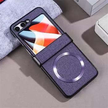 Кожаный чехол для Galaxy Z Flip5 Чехол для телефона с магнитной зарядкой для Samsung Z Flip 5 5g Роскошный тканевый тонкий чехол со стеклянной защитной пленкой For Samsung Z Flip5 серый