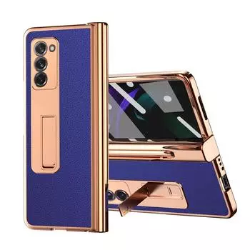 Кожаный чехол для мобильного телефона с покрытием для Samsung Galaxy Z Fold 4 3 Fold4 5g Fold3 Fold2 Fold 2 Защитная крышка из закаленного стекла for Galaxy Z Fold 3 синий
