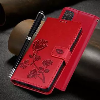 Кожаный чехол для Samsung Galaxy A12, чехол с магнитным флип-кошельком с цветком розы для Samsung A12, 5G, чехлы для телефонов Samsung A 12, Fundas Coque Samsung Galaxy A12 5G красный