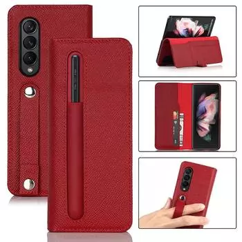 Кожаный чехол для Samsung Galaxy Z Fold 3 5g с держателем слота для S Pen, ремешок для ручки, откидная крышка слота для S Pen, чехол-кошелек с слотом для карт for Galaxy Z Fold 3 синий