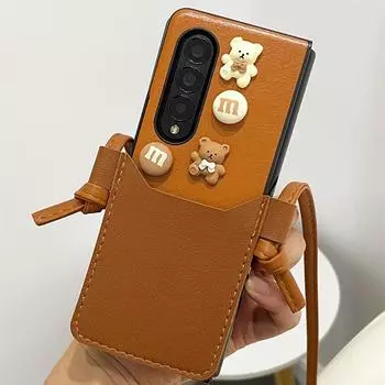Кожаный чехол для телефона через плечо с милым мультяшным медведем для Samsung Z Fold 3 Z Fold 2 5g Z Fold 4 W21 W22, карман для карт, чехол для телефона Funda W22