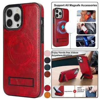 Кожаный чехол для телефона с беспроводной зарядкой для iPhone 15 Pro Max 14 Plus 13 Mini 12 11 X XS XR для Samsung Galaxy S24 Ultra S23 S23 FE S22 с откидной крышкой-держателем iPhone X красный