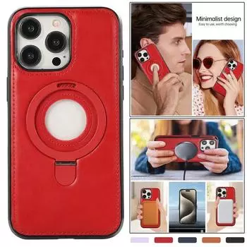 Кожаный чехол для телефона с беспроводной зарядкой для iPhone 15 Pro Max 14 Plus 13 12 11 для Samsung Galaxy S24 Ultra S23 Plus S22 с откидной крышкой-держателем с кольцом iPhone 11 Pro красный