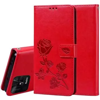 Кожаный чехол для телефона с цветком розы для Xiaomi Redmi 10C 4G, чехлы-бумажники для Redmi 10C 10 C, противоударный откидной чехол-держатель Redmi 10C 4G красный