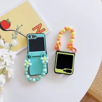 Кожаный чехол для телефона с цветочной цепочкой для Samsung Z Flip6 Flip5 Flip4 Flip3, противоударный складной чехол на заднюю панель Samsung Z Flip 5 светло-синий