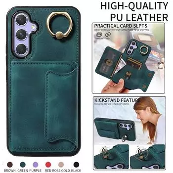 Кожаный чехол для телефона с кольцом для iPhone 15 Pro 14 Plus 13 12 Samsung Galaxy A54 A34 A24 A14 A73 A53 A33 A13 A52S A72 S23 Ultra S22 S21 FE откидной чехол-бумажник Samsung S21 FE чёрный