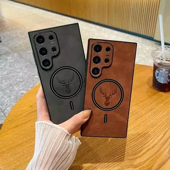 Кожаный чехол для телефона с магнитной беспроводной зарядкой для Samsung Galaxy S24 S23 S22 S21 Plus Ultra Cover Elk Deer Shell For Galaxy S21 чёрный