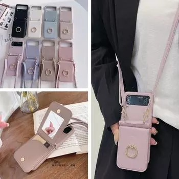 Кожаный чехол для телефона с ремешком через плечо для Samsung Galaxy Z Flip 5 4 3 Flip5 Flip4 Flip3 5G/iphone 15 14 13 12 11 Pro Ring Beauty Mirror iphone 15 белый