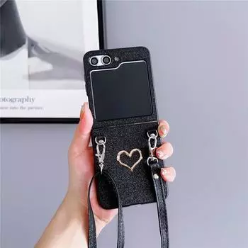 Кожаный чехол для телефона с ремешком через плечо для Samsung Galaxy Z Flip 5 4 3 Flip5 Flip4 Flip3 5G противоударный защитный чехол Galaxy Z Flip5 чёрный