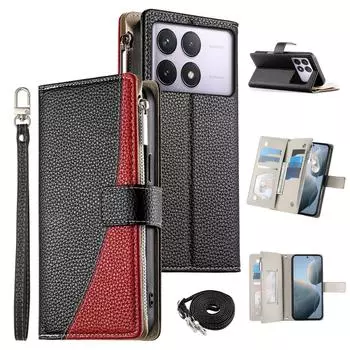 Кожаный чехол для Xiaomi Poco F6 Pro 5G/Redmi K70 Pro 5G/K70 5G, кошелек на молнии, цветной, откидная крышка, со шнурками Black