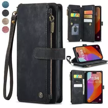 Кожаный чехол-книжка CaseMe на молнии с несколькими картами для iPhone 15 14 Plus 13 12 11 Pro Max XSMax XR 8 Samsung S24 S23 S22 S21 Ultra Plus A14 A54 A13 A53 iPhone 6/6S чёрный