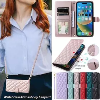 Кожаный чехол-книжка через плечо с отделением для карт для iPhone 15 14 Plus 13 12 11 Pro Max для Samsung S23 S22 S21 S20 Ultra Plus Note20Ultra A14 A54 A13 A53 iPhone 6/6S фиолетовый