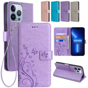 Кожаный чехол-кошелек с тиснением в виде бабочки для iPhone 16 15 14 Plus 13 12 11 Pro Max Plus Samsung S25 S24 S23 S22 S21 Ultra Plus FE A16 A56 A15 A54 A55 iPhone 6/6S фиолетовый