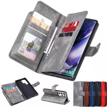 Кожаный чехол-книжка с 9 держателями для карт в стиле ретро для Samsung S23 S22 S21 S20 Ultra Plus S21 S20FE Note20Ultra A14 A54 A53/iPhone 15 14 13 12Pro Max XSMAX iPhone 6/6S коричневый