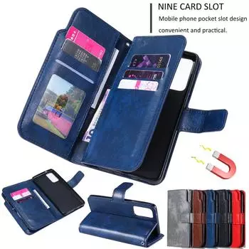 Кожаный чехол-книжка с 9 держателями для карт в стиле ретро для Samsung S23 S22 S21 S20 Ultra Plus S21 S20FE Note20Ultra A14 A54 A53/iPhone 15 14 13 12Pro Max XSMAX iPhone 6/6S коричневый