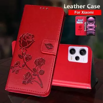 Кожаный чехол-книжка с цветком розы для Xiaomi Redmi Note 12 11 10 Pro 12S 11S 10S 13C 12C 11A Poco M3 M4 X3 NFC X5 Pro 5G 4G чехол-кошелек For Redmi Note 12S 4G красный