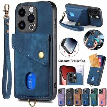 Кожаный чехол-книжка с магнитной кнопкой и защитой от падения для iPhone 15 14 Plus 13 12 11Pro Max XS Max для Samsung S23 S22 S21 S20 Ultra Plus A14 A54 A13 A53 iPhone 6/6S чёрный