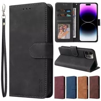 Кожаный чехол-книжка с магнитной застежкой-бумажником для Iphone 14 Pro 14 Plus 13 Pro 13 Mini 11 Pro Se 2022 Xs Xr 8 Plus 7 Plus 6s iPhone 6 Plus чёрный