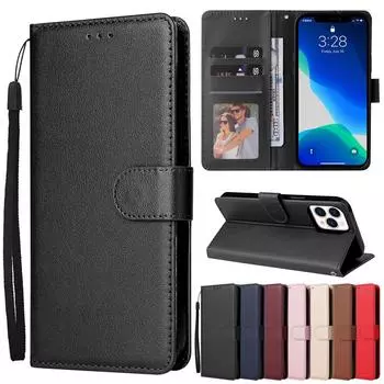 Кожаный чехол-книжка с подставкой и слотом для карт, противоскользящий кожаный чехол для iPhone 15 14Plus 13 12 11 Pro Max XS Max Samsung S23 S22 S21 Ultra Plus A05 A53 A14 A54 iPhone 6/6S чёрный