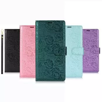 Кожаный чехол-книжка с ремешком на запястье, отделением для карт, карманом-держателем, тисненым розовым цветком, подставкой для Samsung Galaxy A12 A13 A26 A15 A16 A25 A31 Samsung Galaxy M33 чёрный