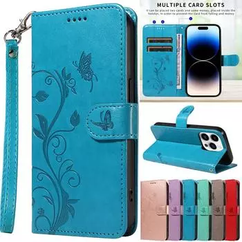 Кожаный чехол-книжка с тиснением и цветком для iPhone 15 14 13 12 Pro Max Xs Max Xr 8 / Samsung S24 S23 S22 S21 Ultra Plus A14 A13 A54 A53 A52 iPhone 6/6S красный