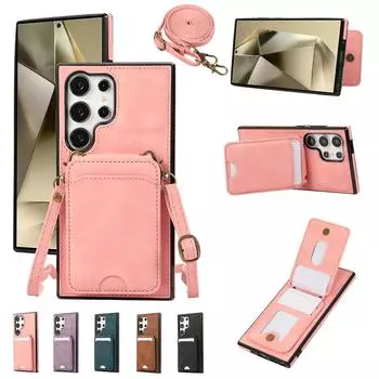Кожаный чехол-кошелек Card Solt для Samsung Galaxy S24 S22 Ultra S23 Plus S21 Fe A55 A15 A54 A34 A52 A72 5G Crossbody Cover For SM Note20Ultra&Case & Strap чёрный