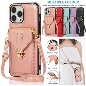 Кожаный чехол-кошелек через плечо, держатель для карт, металлическая пряжка для iPhone 15 14Plus 13 12 11 Pro Max XSMAX для Samsung S24 S23 S22 S21 Ultra Plus A14 A54 iPhone 6/6S красный