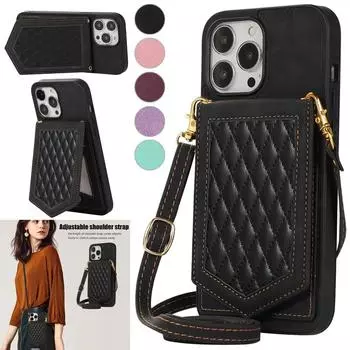 Кожаный чехол-кошелек через плечо для Samsung S23 S22 S21 S20 Ultra Plus A13 A54/iPhone 15 14 13 12 11 Pro Max с плечевым ремнем, держатель для карт, чехол для телефона iPhone 6/6S чёрный