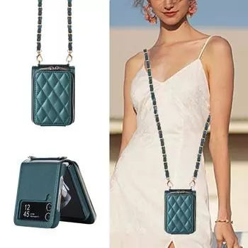 Кожаный чехол-кошелек через плечо на молнии для карточек Solt для Samsung Galaxy Z Flip 5 4 3 Z Fold 5 Fold4 Fold3, чехол с металлической цепочкой и ремешком Samsung Z fold 5 темно-зеленого