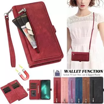 Кожаный чехол-кошелек через плечо с 9 картами на молнии в стиле ретро для iPhone 15 14 13 12 11 Pro Max XS MAX XR/Samsung S23 S22 S21 S20 Ultra Plus A14 A13 A54 A53 iPhone 6/6S красный