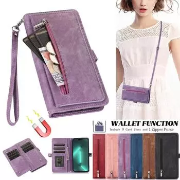 Кожаный чехол-кошелек через плечо с 9 картами на молнии в стиле ретро для iPhone 15 14 13 12 11 Pro Max XS MAX XR/Samsung S23 S22 S21 S20 Ultra Plus A14 A13 A54 A53 iPhone 6/6S красный