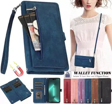 Кожаный чехол-кошелек через плечо с 9 картами на молнии в стиле ретро для iPhone 15 14 13 12 11 Pro Max XS MAX XR/Samsung S23 S22 S21 S20 Ultra Plus A14 A13 A54 A53 iPhone 6/6S красный