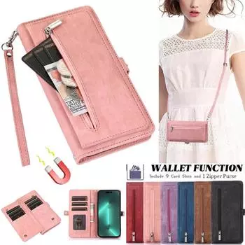 Кожаный чехол-кошелек через плечо с 9 картами на молнии в стиле ретро для iPhone 15 14 13 12 11 Pro Max XS MAX XR/Samsung S23 S22 S21 S20 Ultra Plus A14 A13 A54 A53 iPhone 6/6S красный