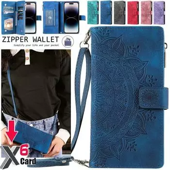 Кожаный чехол-кошелек через плечо с несколькими картами на молнии для iPhone 15 14 13 12 Pro Max Xs Max Xr 8/Samsung S24 S23 S22 S21 Ultra Plus A14 A13 A54 A53 A52 iPhone 6/6S чёрный