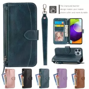 Кожаный чехол-кошелек на молнии для Samsung Galaxy A12 A13 A22 A53 A73 A32 A52 A72, откидная крышка на ремешке для iPhone 13 Pro Max, Xiaomi Redmi 10A 10C Note 11S Samsung A12 5G чёрный