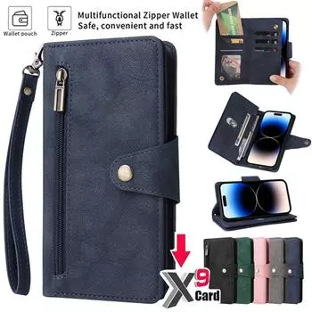 Кожаный чехол-кошелек на молнии с держателем для нескольких карт для Samsung S24 S23 S22 S21 S20 Ultra Plus A05 A14 A54 iPhone 15 14 Plus 13 12 11 Pro Max XSMax iPhone 6/6S чёрный