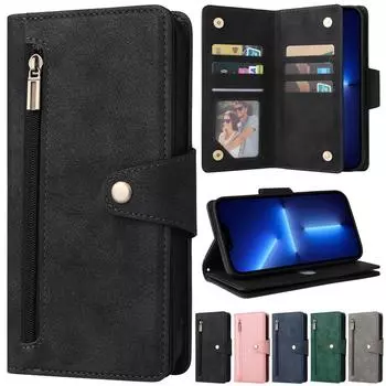 Кожаный чехол-кошелек на молнии с заклепками и пряжкой для Iphone 14 Pro Max Se 2022 13 Pro Max 12 Pro Max 11 Pro Max X Xr Xs Max 8 7 6 6s Plus iPhone 12 Mini серый