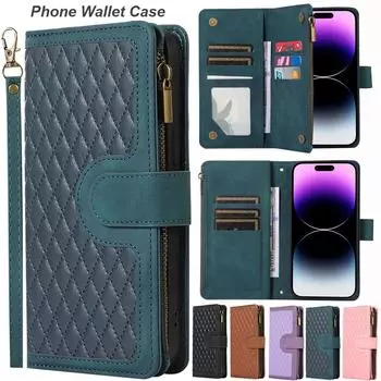 Кожаный чехол-кошелек с 9 держателями для карт на молнии для iPhone 15 14 Plus 13 12 11 Pro Max 8P 7P XS MAX для Samsung S23 S22 S21 Ultra Plus A14 A54 A53 iPhone 6/6S розового золота