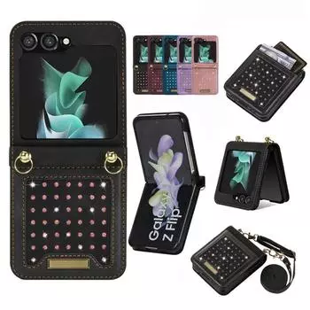 Кожаный чехол-кошелек с блестящим бриллиантом для Samsung Galaxy Z Flip 5 Z Flip4 Z Flip 3, держатель для карт, карманный ремешок через плечо, чехол For Samsung Z Flip5 розовый