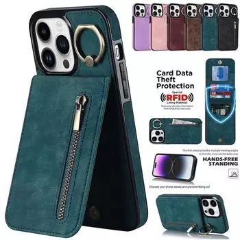 Кожаный чехол-кошелек с держателем для карт с откидным кольцом на 360° и подставкой на молнии для iPhone 15 14 13 12 11 Pro Max XS MAX/Samsung S23 S22 S21 Ultra Plus A13 A14 A53 iPhone 7/8/SE 2020 фиолетовый